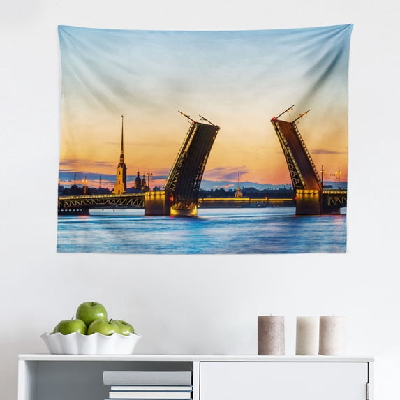 Landscape Tapestry, Sunset Evening View Picture Hell Gate and Triboro Bridge Astoria Queens America, Fabric Wall Hanging Decor for Bedroom Living Room Dorm, 2 Sizes, Brown Blue, by Ambesonne