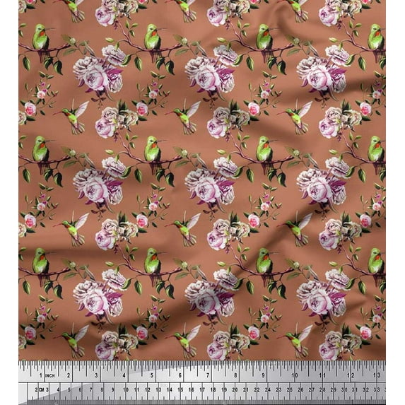 Soimoi Rayon Fabric Hummingbird,Leaves & Rose Floral Print Fabric by the Yard 56 Inch Wide