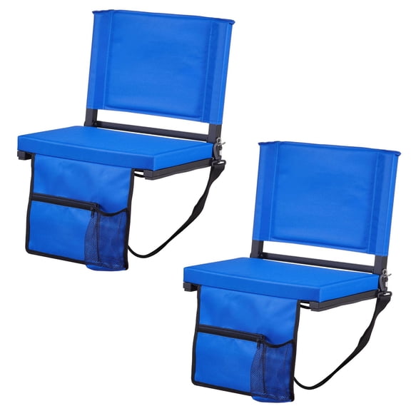 Folding Stadium Seat with Back Support Thick Cushion Shoulder Strap Hooks Cup Holder and Side Pocket Blue Bleacher Chair