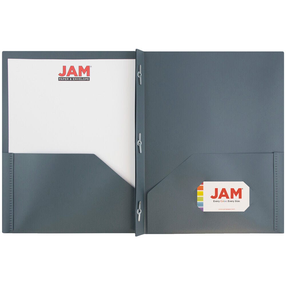 JAM Paper Plastic 2 Pocket POP Folders with Prongs Fastener Clasps, Gray, Bulk 48/Pack