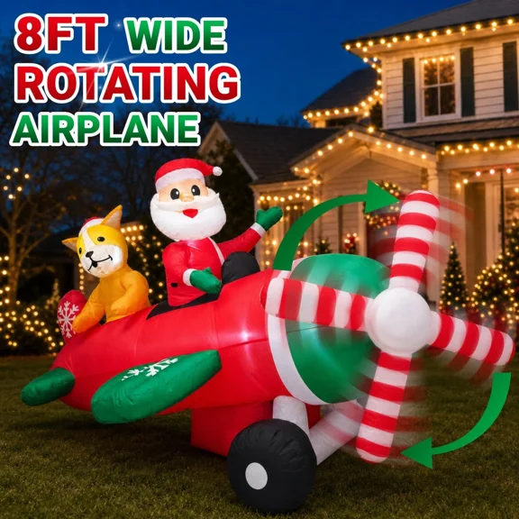 8FT Christmas Inflatables Outdoor Decorations Santa Claus in Animated Airplane, Blow Up Yard Decorations with Built-in LED Lights for Xmas Decor Garden Lawn Patio Lawn