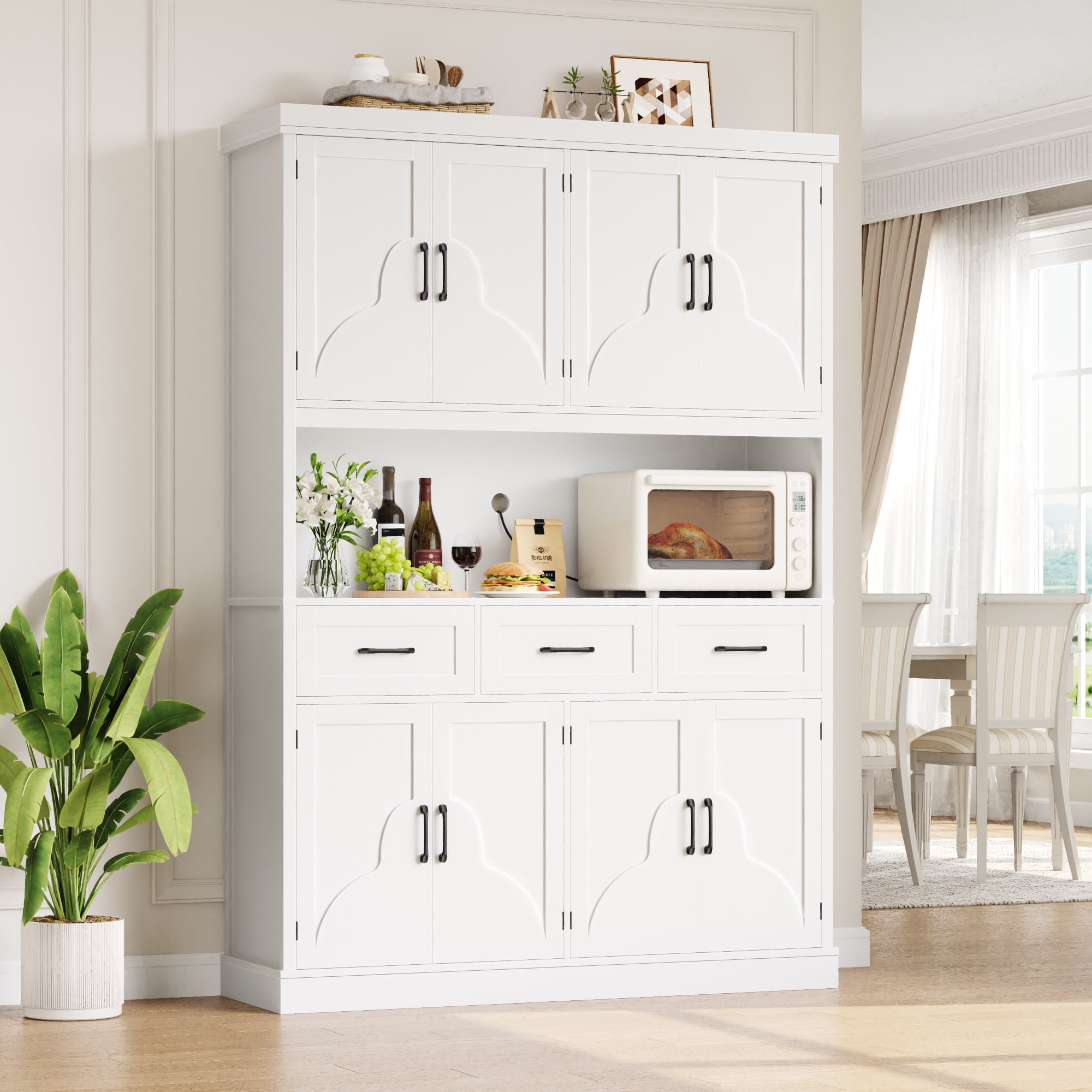 Homfa 76" Tall Kitchen Pantry Cabinet, Modern Storage Cabinet with Microwave Stand, Freestanding Cupboard with 3 drawers, Hutch Cabinet for Living Dining Room, White