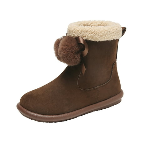 

PMUYBHF Ladies Fashion Solid Color Suede Bow Hair Ball Short Boots Warm Plush Flat Cotton Boots 37.98