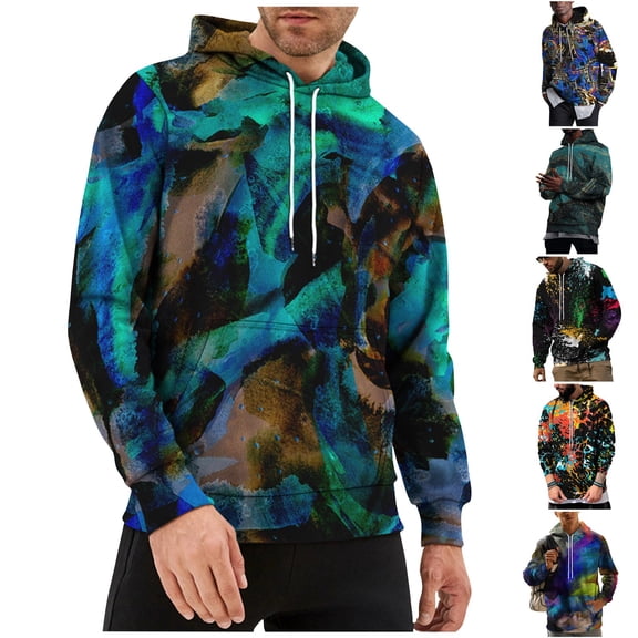 Men's Loose Fit Printed Hooded Sweatshirt, Long Sleeve Casual Pullover Fleece Hoodie for Street Style, Lounge, Autumn Winter,Black,L