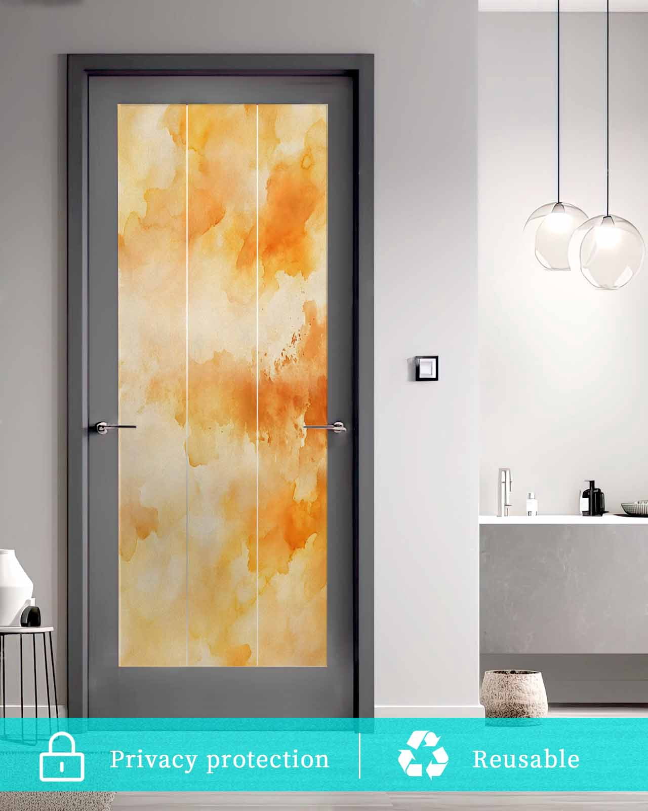 Window Privacy Film Orange Stained Glass Window Film Decorative Sun Block Window Cover Watercolor Farmhouse Ombre Abstract Texture Window Clings Static Adhesive Sticker for Bathroom 35.4"x78.7"