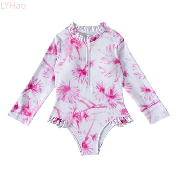 LYHao Big Kid Printed Girl Long Sleeved Fresh Fashion Pull Swimsuit,One-Piece Bathing Suit 8-10 Years Pink