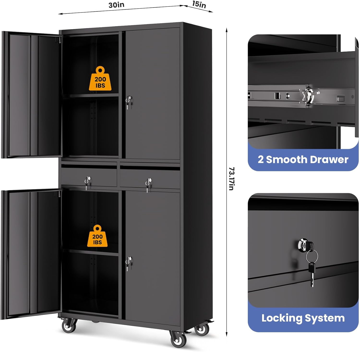 2 - Tier Drawer Steel Storage & File Cabinet with Locking System and Wheels - Ideal for Home Office & Garage, 120KG Load - Bearing Capacity