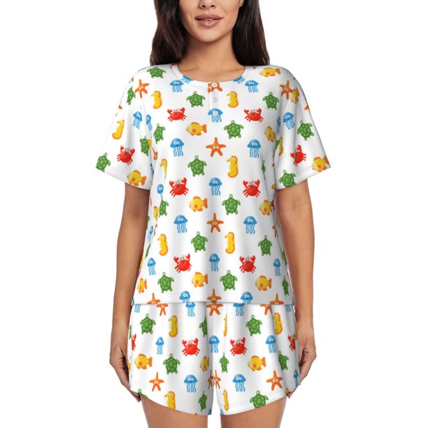 Fotbe Undersea Animals Conjunto de Pijama Estampado para Mujer, 2 Piezas, Ropa de Dormir con Camiseta de Manga Corta y Shorts Suaves-4X-Large