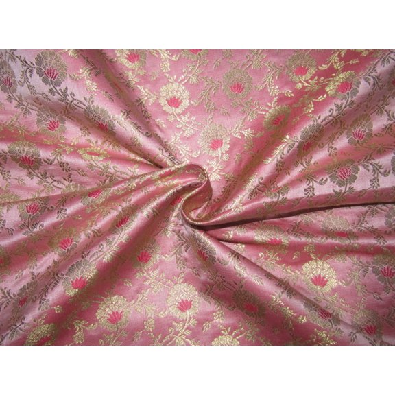 Silk Brocade fabric peachy pink x metallic gold color 44" wide BRO757B[4]