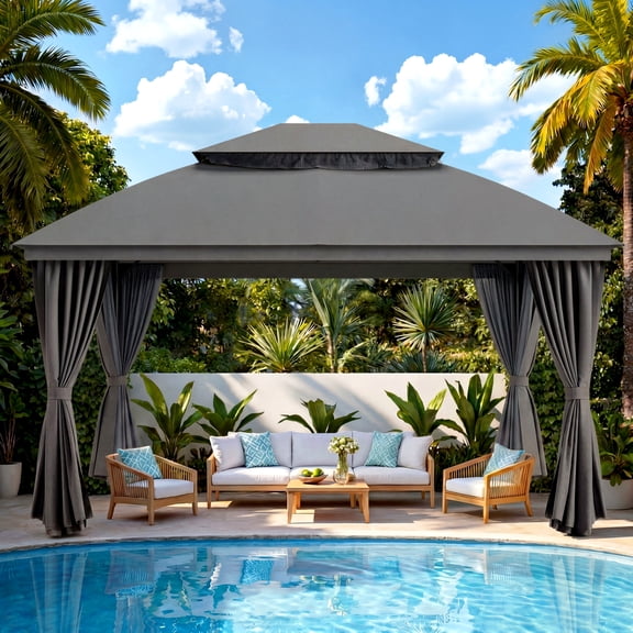 Vitarpatio 10'x13' Outdoor Gazebo with Mosquito Netting and Privacy Curtains, Metal Patio Grill Gazebo Sunshade Canopy Poolside Tent with Ventilated Double Roof, Gray