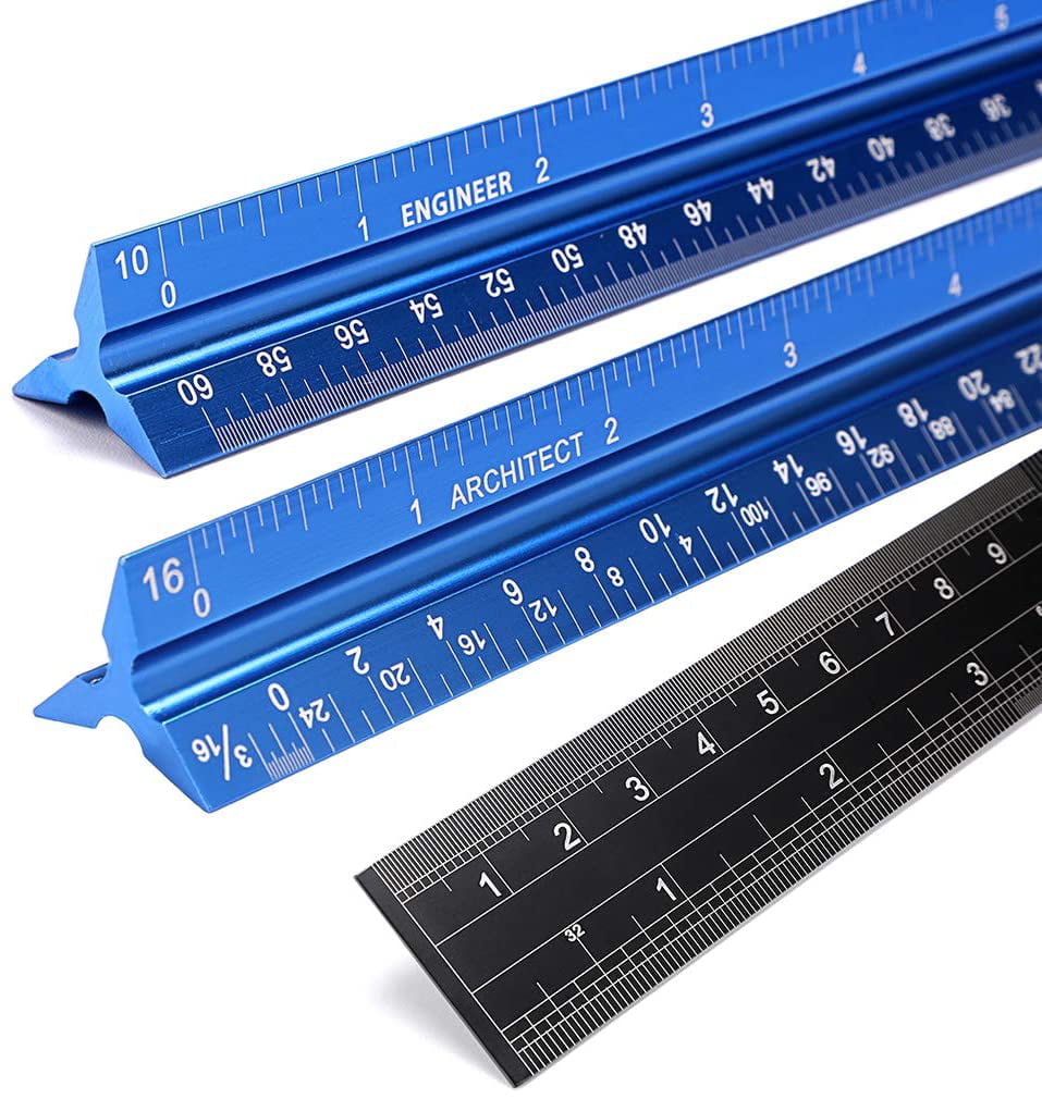 Black, Imperial Scale Aluminum Architectural Scale Ruler,12 3 Sided Architect Ruler for Student and Engineer Laser-Etched Drafting Rulers for Blueprint 