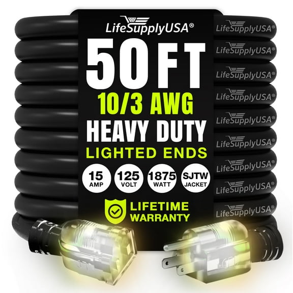 50ft Outdoor/Indoor Extension Cord 10/3 Gauge Ultra Heavy Duty 3 Prong SJTW, Waterproof, Flexible Cold-Resistant Long Power Cord,15A 125V 1875W, Black by LifeSupplyUSA