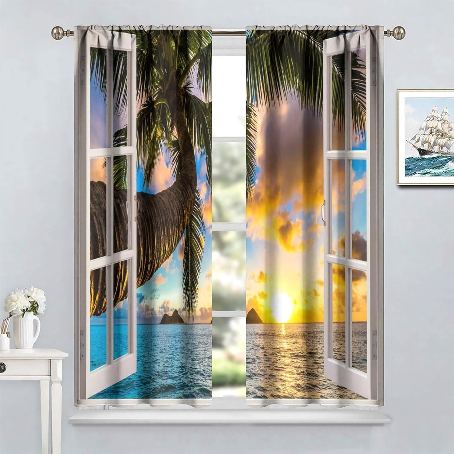 Natural Sea Landscape Curtain,Summer Ocean Beach Tropical Curtains,Home Bedroom Living Room Kitchen Decorative Window Drapes 84x84in