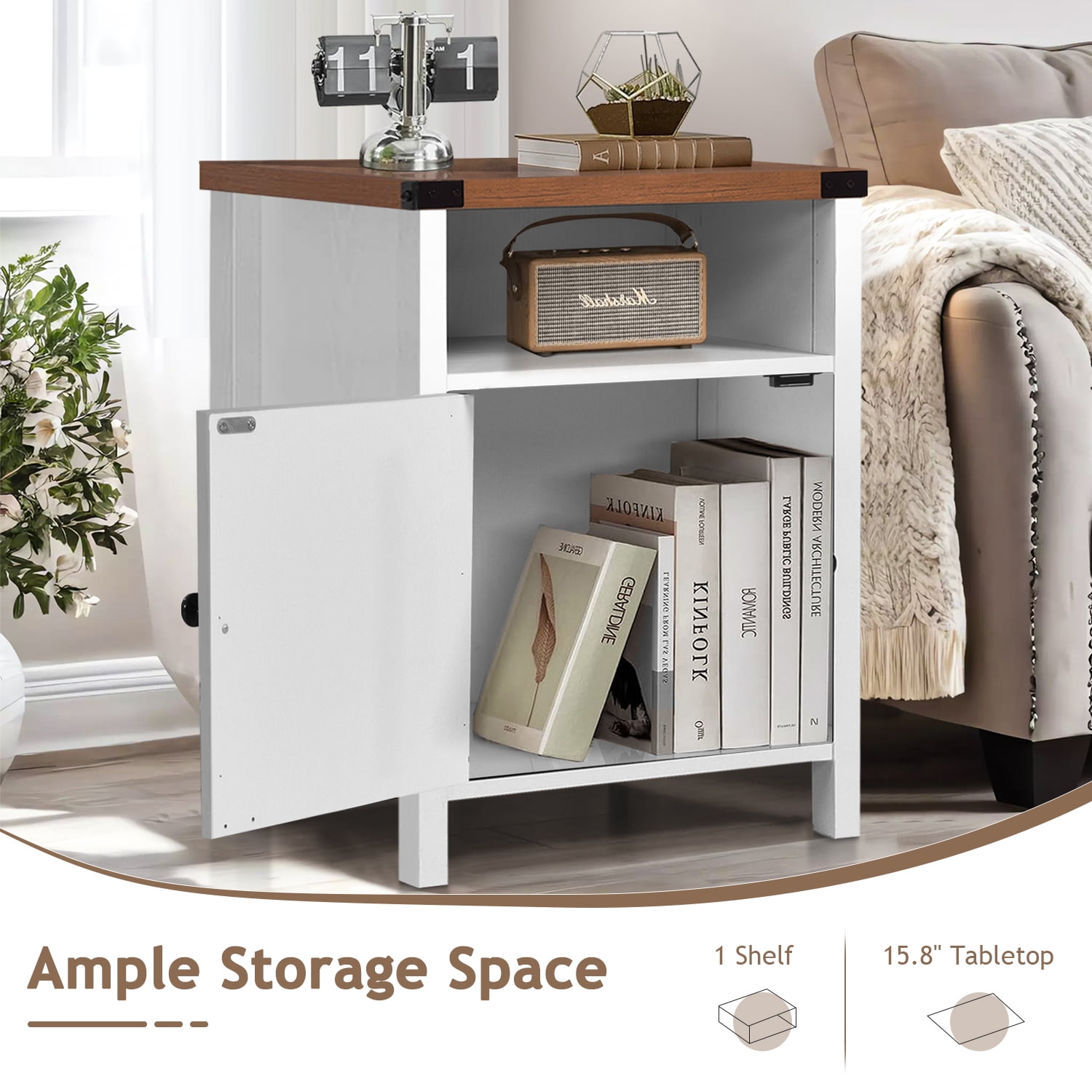 4 Ever Farmhouse End Table Set of 2, White Nightstand for Bedroom