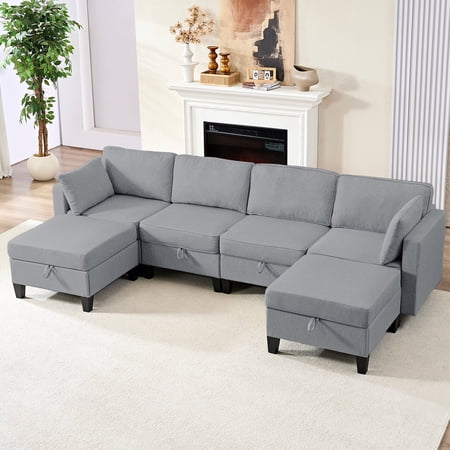 BALUS 110" U Shaped Sectional Sofa with Storage, 6-Seats Convertible Modular Sectional Sofa with Ottomans, Linen ,Gray