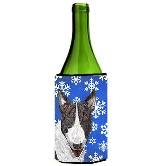 Bull Terrier Blue Snowflake Winter Wine bottle sleeve Hugger - 24 oz.