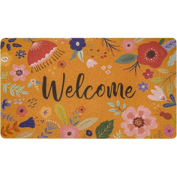 Floral Welcome Coir Door Mat for Front Door, Spring Summer Colorful Cute Flowers Outdoor Welcome Mats for Entrance,Garden,RV,Patio,Home Porch Decor Doormat 30x17 Inch