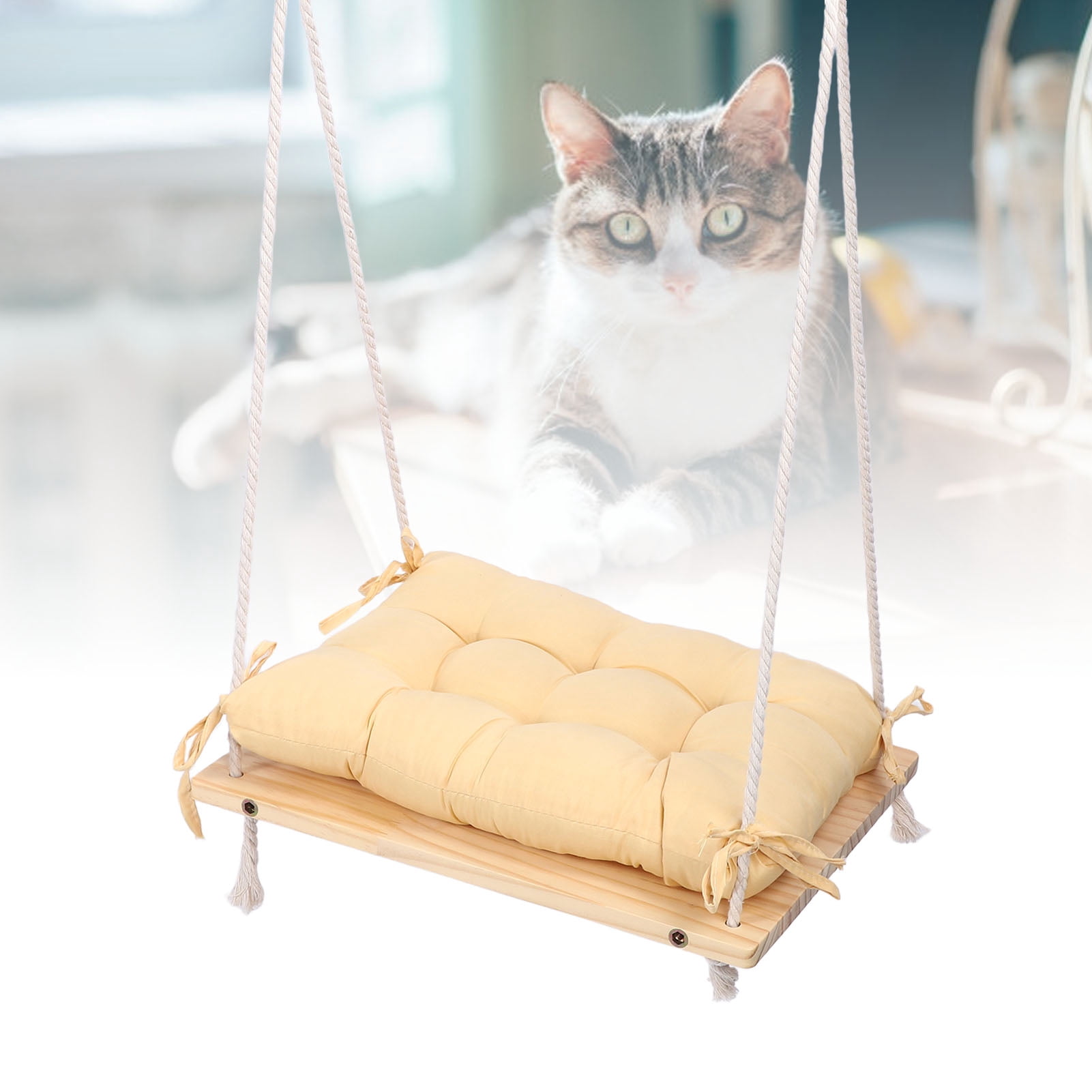 BIMZUC Cat Window Perch Sturdy Wooden Window Mounted Cat Hammock Pet Resting Seat Space Saving Bed for Indoor Cats, Breathable Fabric Resting Shelf, Easy Assembly, Supports Large Cats, 18.11 inches