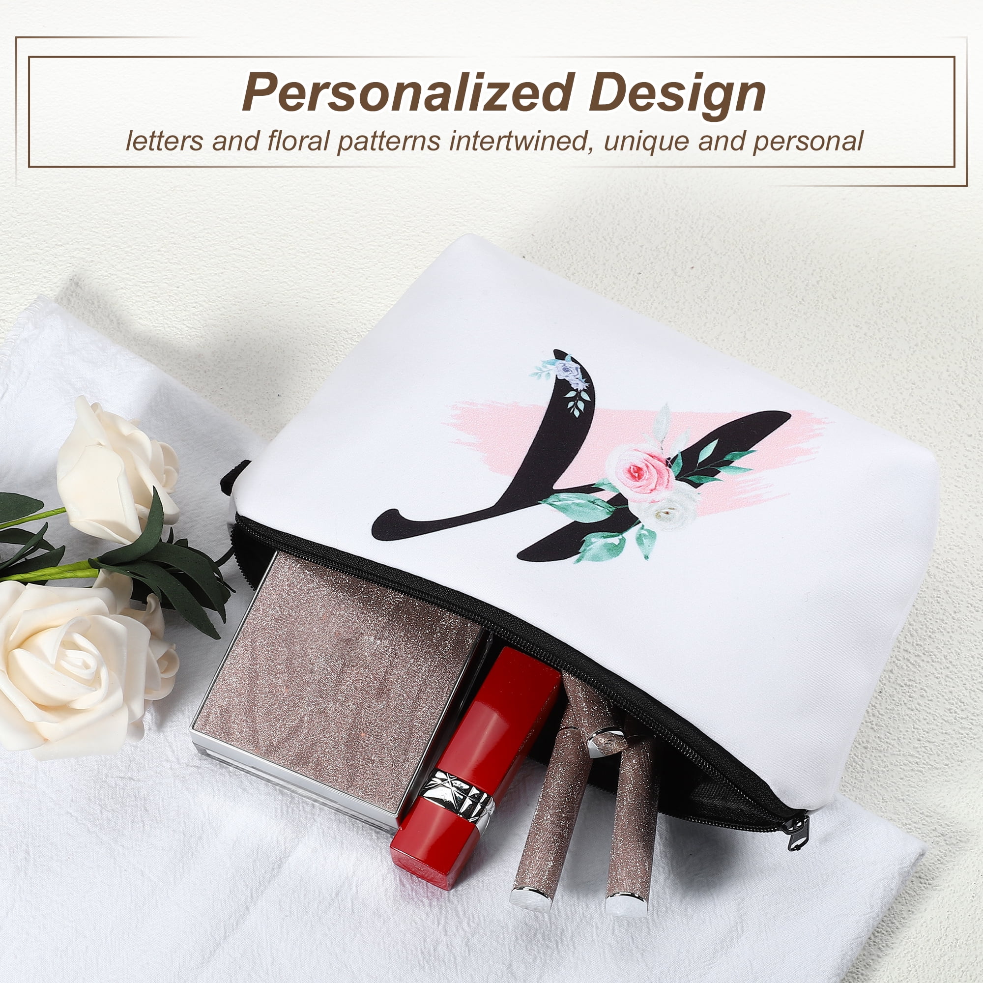 Unique Bargains Personalized Makeup Bag K Cosmetic Bag Small Monogrammed Purse White