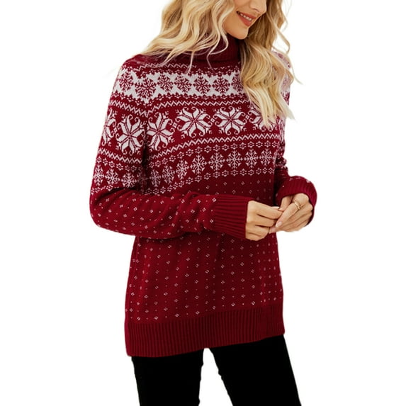MAWCLOS Ladies Snowflake Print Xmas Pullover Casual Holiday Knitted Sweaters Long Sleeve Stretch Work Jumper Tops Christmas Sweater Red S
