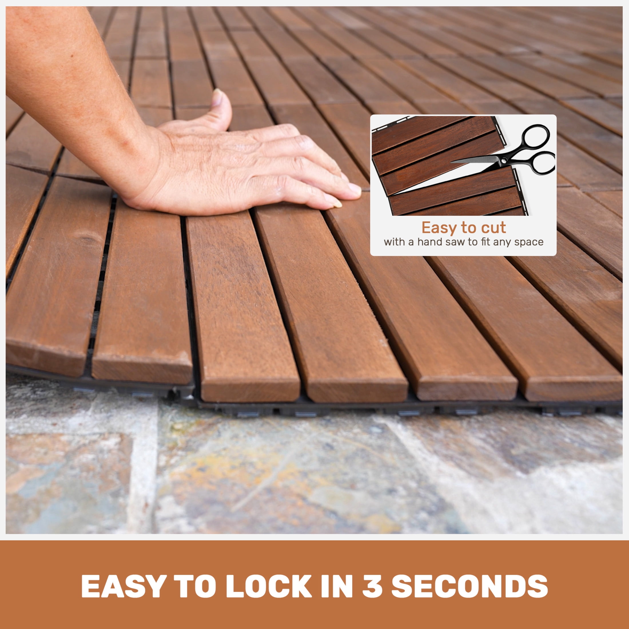 Noble House 12" Striped Acacia Wood Interlocking Square Deck Tiles, Weather Resistant Outdoor Flooring, Brown, 30 PCS
