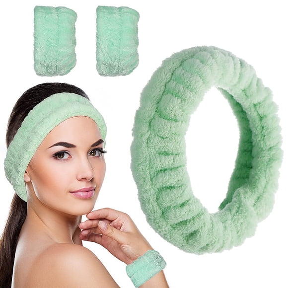 Luluo Diadema de Spa Diadema de Maquillaje Facial de Microfibra para Mujer con muñequeras Diadema elástica y esponjosa para Lavado de Cara Cuidado de la Piel Diademas de Spa Verdes