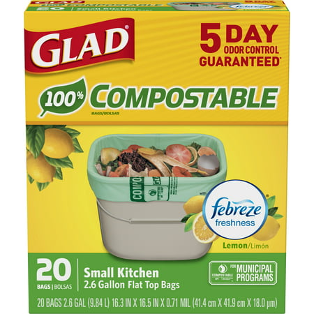 Glad OdorShield Small Kitchen 100% Compostable Trash Bags - Lemon - 2.6 Gallon - 20 (Best Biodegradable Trash Bags)