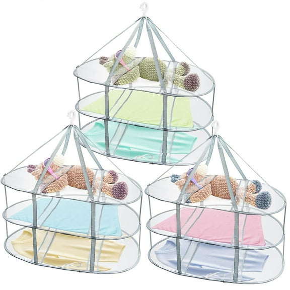 3 Pack 3-Tier Foldable Mesh Clothes Drying Rack, Lay Flat Sweater Drying Rack, Windproof Hanging Laundry Drying Rack for Toys, Sweaters, Portable Clothes Drying Rack for Outdoor Indoor