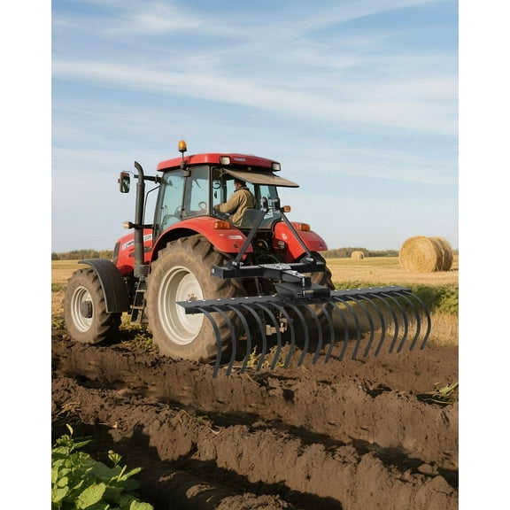 AOILE 3 Point Hitch Tractor Rake, 50" Landscape Rake for CAT-0/CAT-1 Tractors, 360° Rotation, Replaceable Spring Steel Tines, 5-Angle Adjustment for Grading, Brush Clearing & Soil Preparation