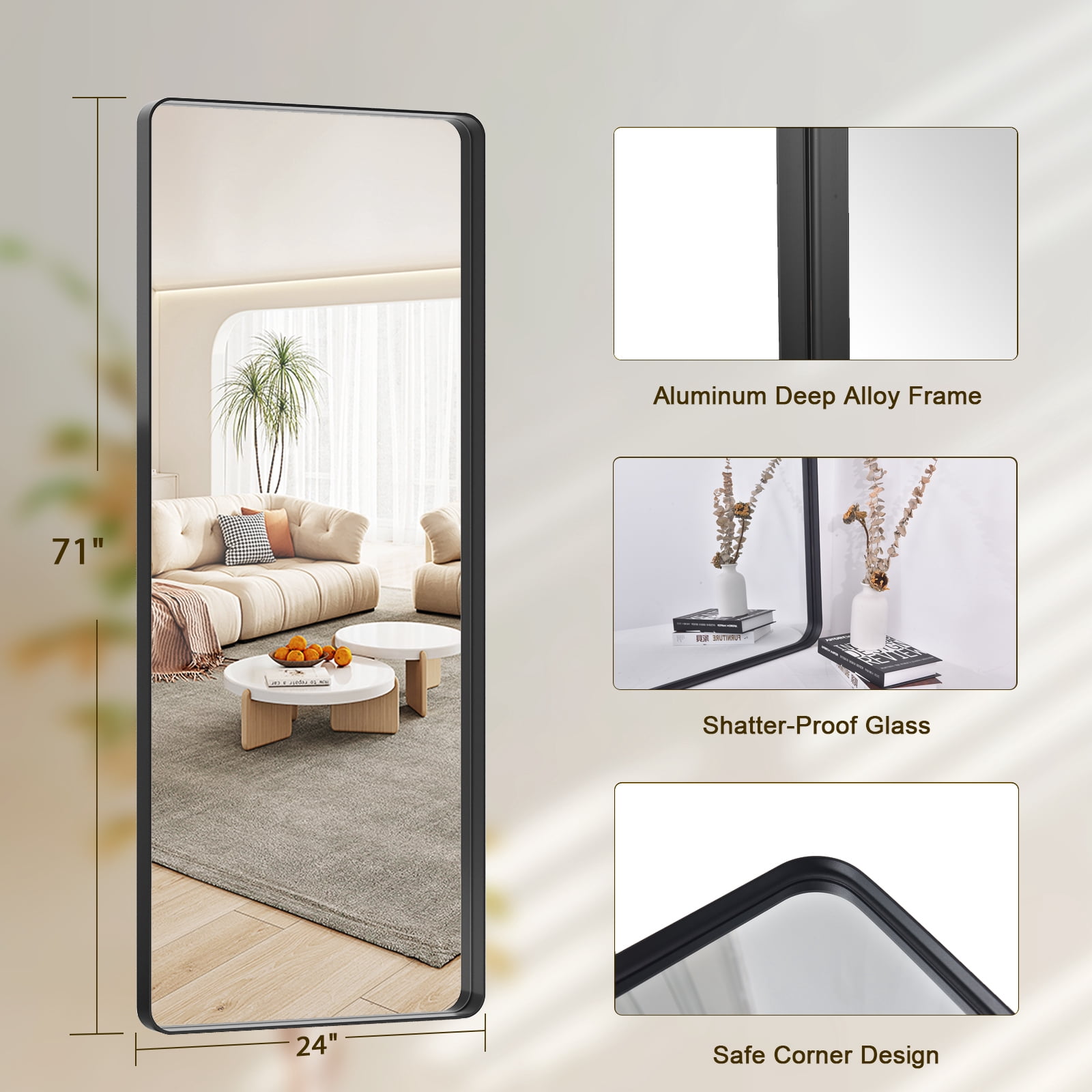 Anyrose 64"x21" Rectangular Full Length Mirror Wall Mirror With Deep Frame Wall-Mounted, Black