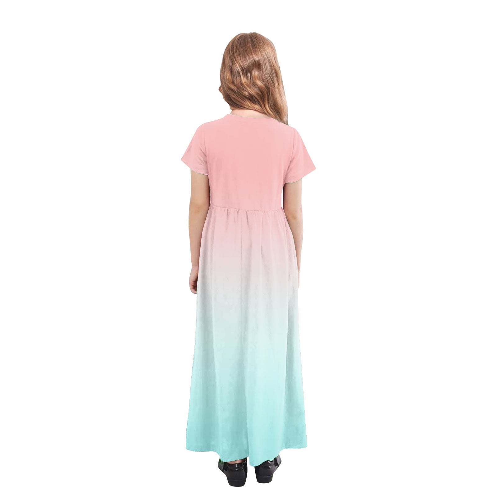 Short Sleeve Dresses for Girls with Pockets 4-14Y Teens Kids Trendy Crew Neck High Waisted Gradient Printed Beach A-Line Maxi Dress