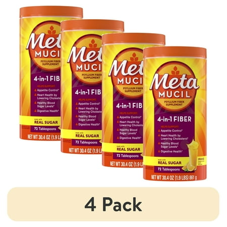 (4 pack) Metamucil Fiber Supplement, Sugar Fiber Powder for Daily Digestive Health, Orange, 72 Servings