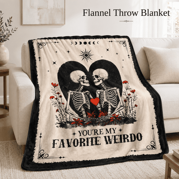 MEYRKLOE I Love You Flannel Throw Blanket, Gothic Skeleton Couple Anniversary Birthday Gift for Girlfriend Boyfriend, Beige, 60 x 50 in