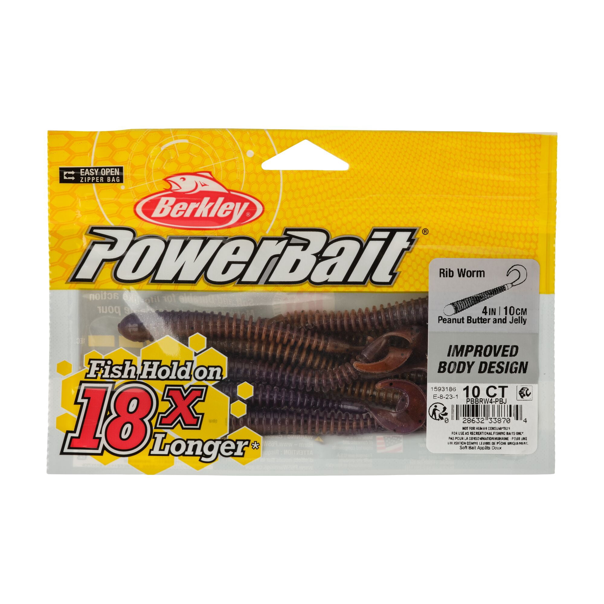 Berkley PowerBait® Rib Worm, 4 in, Worms, Peanut Butter and Jelly (10 Count)