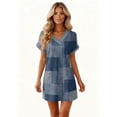 thumbnail image 6 of Women's Fashion Geometric Grid Print V-Neck Short Sleeve Casual Dress with Pocket, Pullover Summer Dress, Comfortable Loose Fit, Stylish Ladies Wear,Dark Blue,M, 6 of 8
