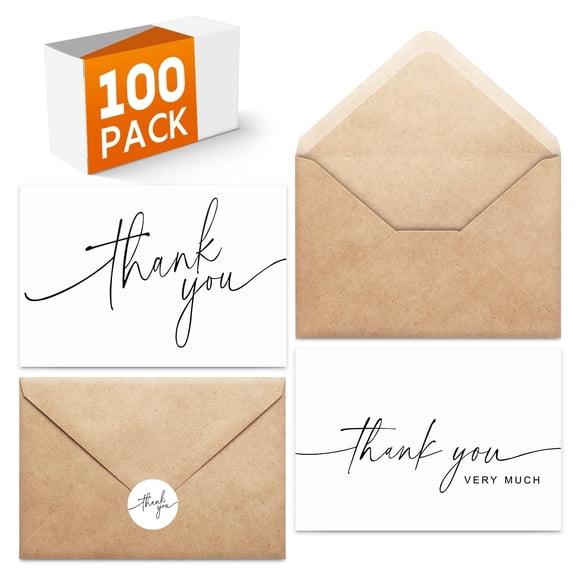 Tarjetas de agradecimiento XXINMOH, paquete de 100 con sobres y pegatinas de papel kraft