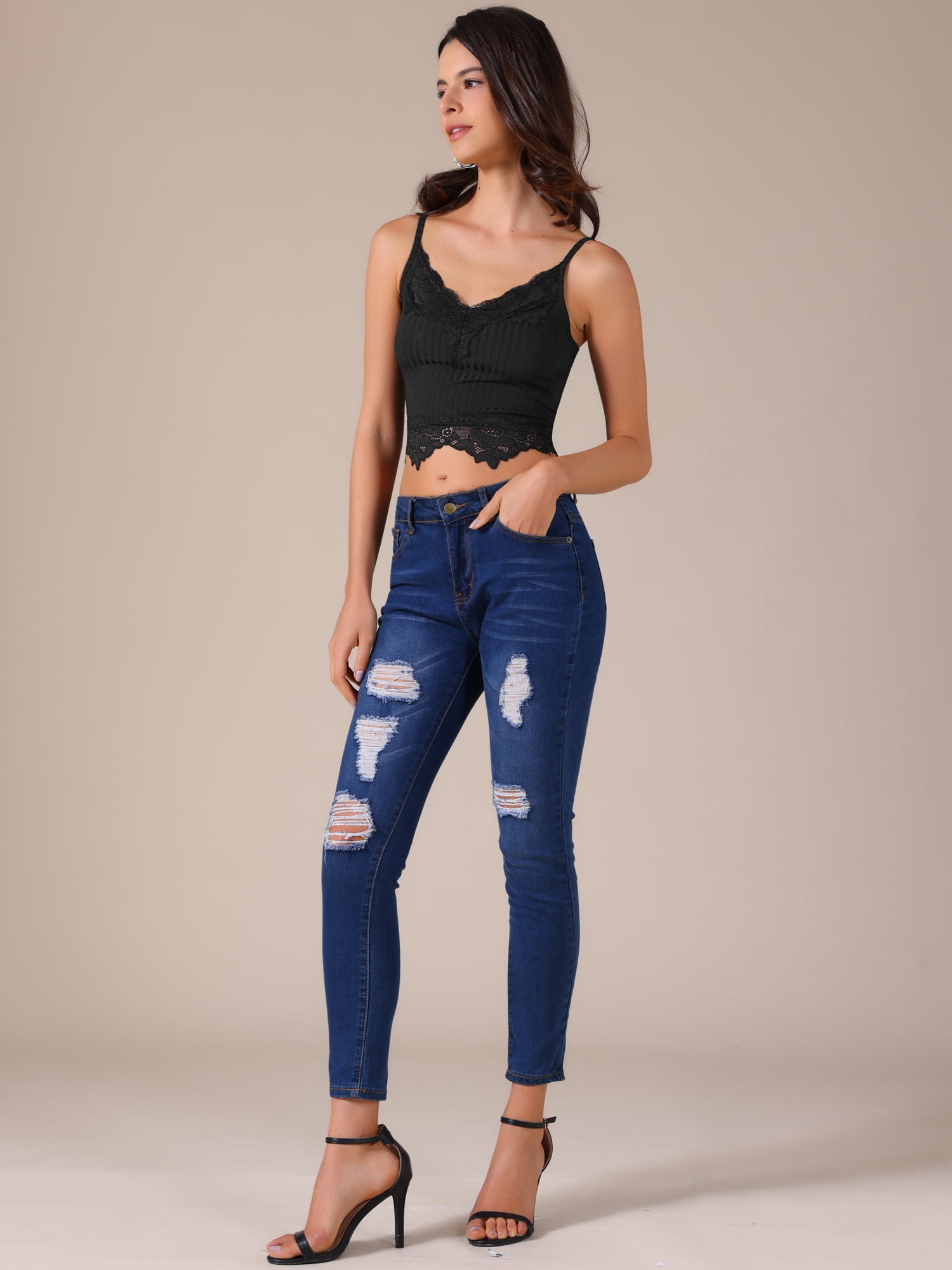 DARING DIVA Women's Lace Crop Lace Bralettes Y2k Patchwork Tank Top L Black