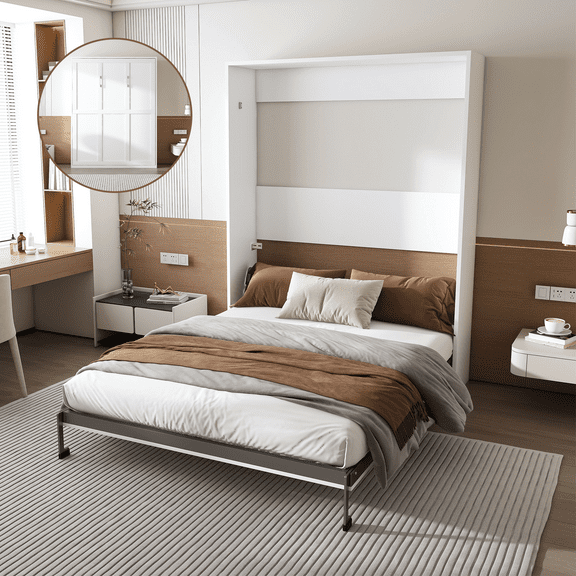 Yoneston Queen Size Murphy Bed, Foldable Wall Bed Frame with Solid Support Slats for Bedroom Guest Room, White