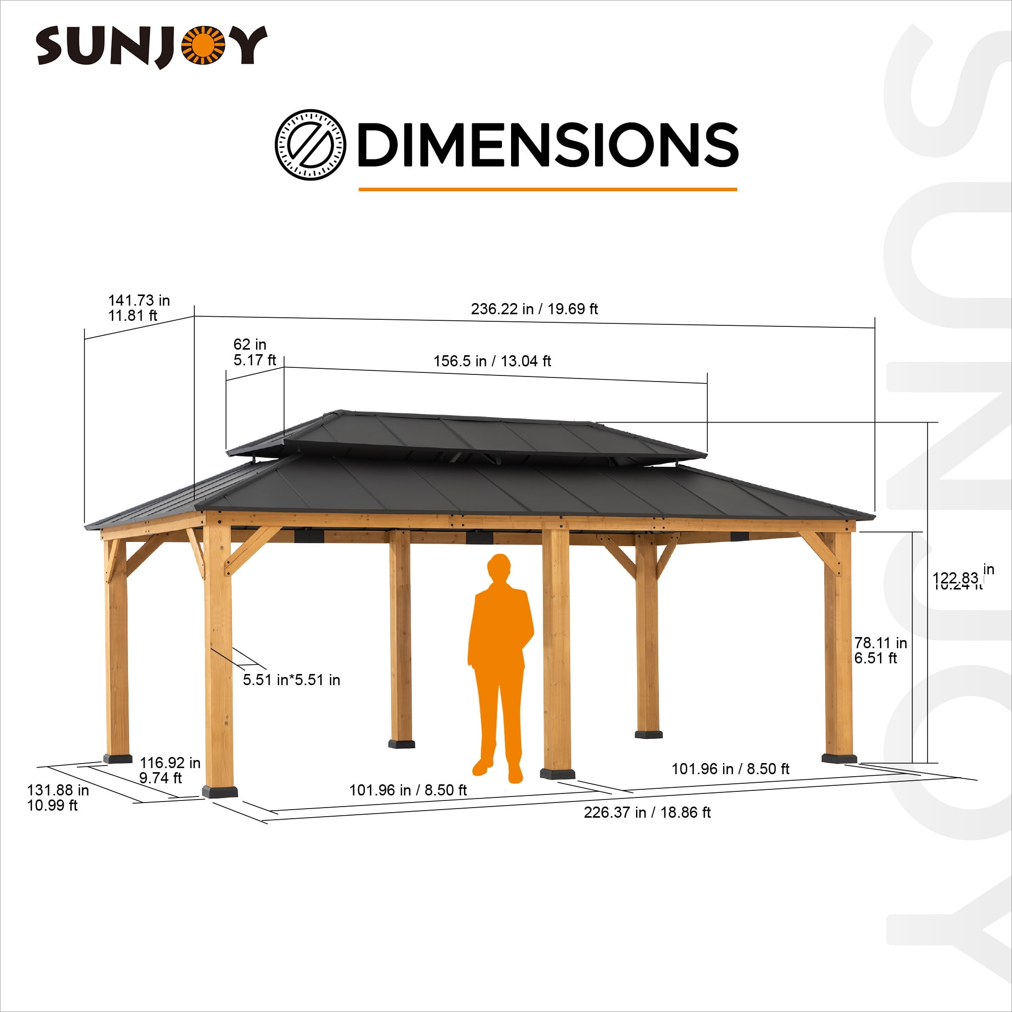 Sunjoy Gazebo en Bois 12 x 20 Pi, Gazebo Extérieur en Acier avec Toit Métallique à Deux Niveaux, Charpente en Cèdre, Adapté aux Terrasses, Jardins et Pelouses, Marron Foncé