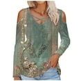 thumbnail image 2 of QUNYINEY V-Neck Womens T Shirts Long Sleeve Casual Floral Green Tops Loose Pullover Cut Out Cold Shoulder T-Shirts, 2 of 4
