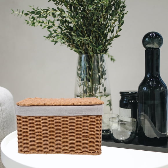 OULII Rectangular Light Brown Wicker Basket with Lid for Household Organization