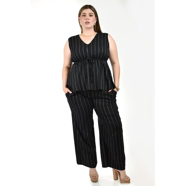 Conjunto rayado de lino Roman Fashion /Tallas Extras, 4377 (Negro) negro 40