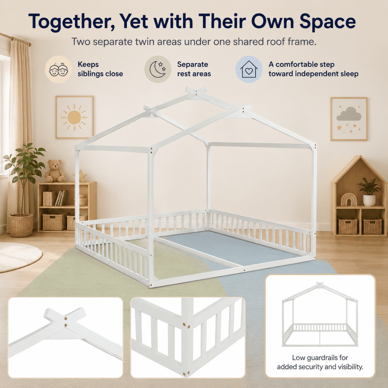 Miniyam Double Twin Floor Bed for Kids, House Bed with Guardrails and Open Entrance, White