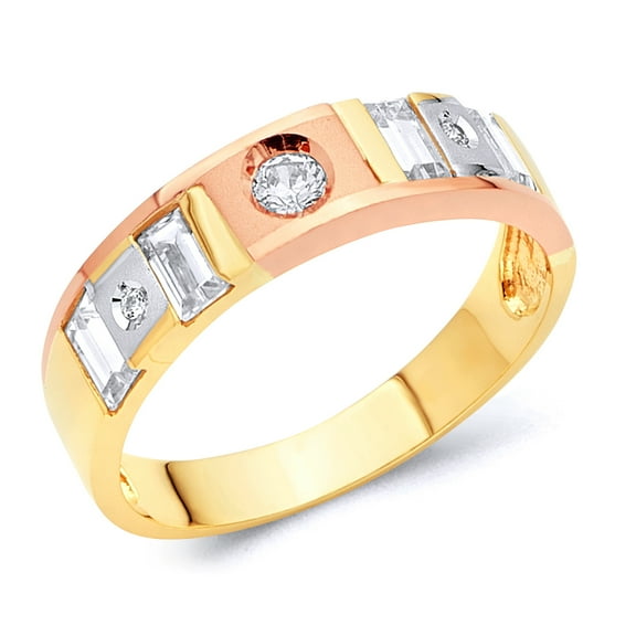 Wellingsale Men's Solid 14k Tri 3 Color Gold Polished CZ Cubic Zirconia Wedding Band - Size 8