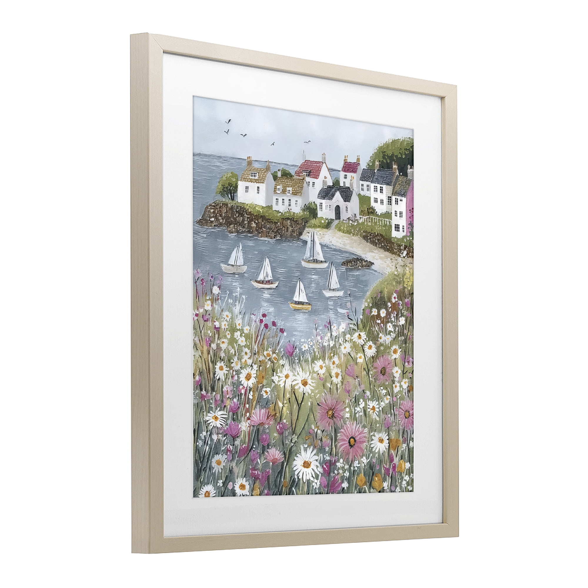 Stupell Industries Seaside Sailboats in Village Bay Birch Framed Print Under Glass, design by Riley B