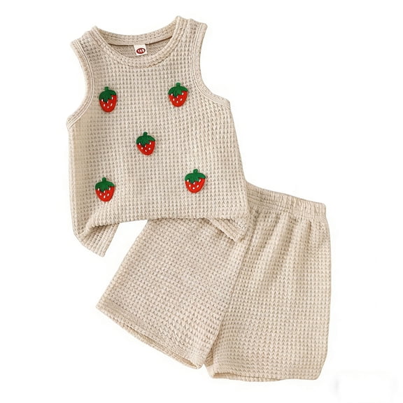 Ahabrexf Tank Top and Shorts Set 2-Pc Knitted Outfit Strawberry Print Sleeveless Top with Shorts for Girls