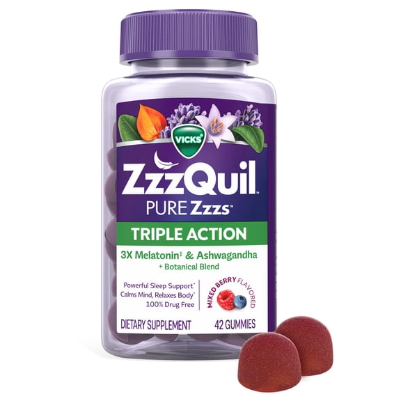 ZzzQuil PURE Zzzs Melatonin Triple Action with Ashwagandha, Melatonin 6mg, 42 Gummies