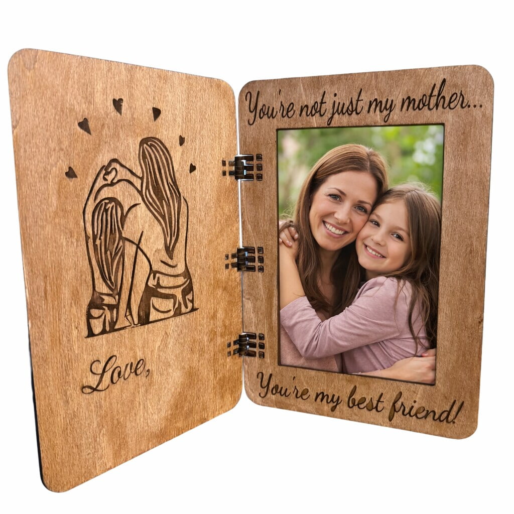 Mother’s Day Wooden Greeting Card Picture Frame – Hinged Wood Photo Card Holds 4x6 Photo – Keepsake Gift for Mom Best Friend Theme