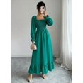 thumbnail image 5 of Emerald Green Square Neck Smocked Long Sleeve A-Line Ruffle Hem Midi Dress For Women, 5 of 6