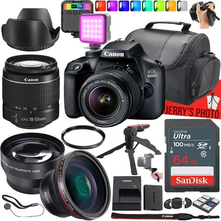 Canon EOS 4000D (Rebel T100) DSLR Camera with Canon EF-S 18-55mm f/3.5-5.6 III Lens, 64 GB Memory, RGB LED Video Light, Wide Angle & Telephoto Lens + More (19pc Bundle)